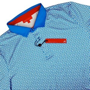 NWT REDVANLY Men's L Blue White Geometric Print Blake Athletic Golf Polo Shirt